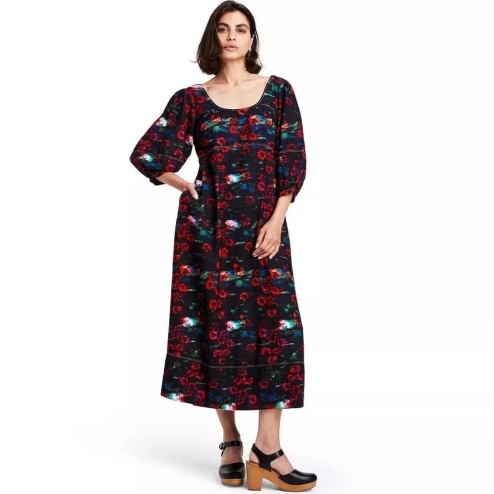 Rachel Comey Kodak Floral Midi Dress Pockets Puff Sleeve Black Red Size 4